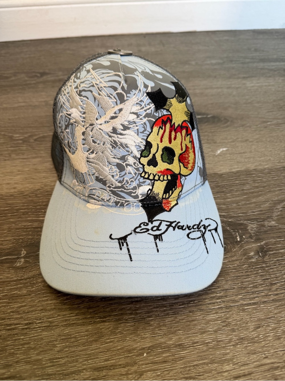 Ed Hardy Light Gray Trucker Hat with Multicolor Skull Embroidery